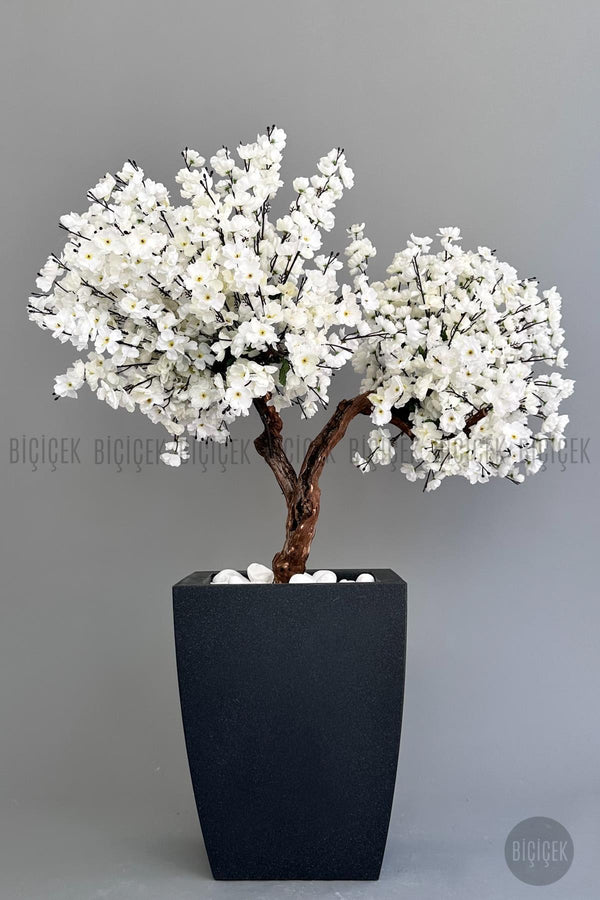 Yapay Beyaz Sakura Ağacı 100 Cm Bahar Dalı Antresit Kare Saksıda