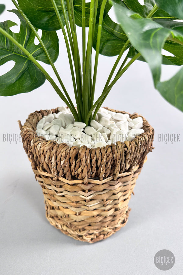 Yapay Monstera Deve Tabani 65 Cm Demir Destekli Kulpsuz Hasir Saksıda